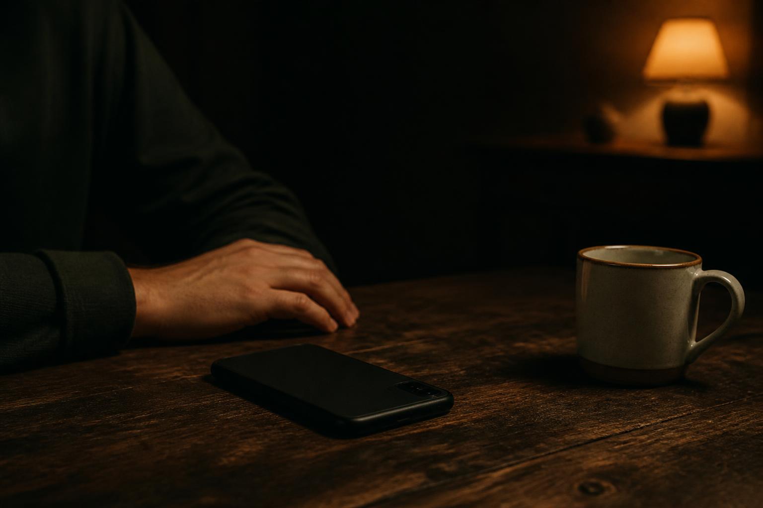 A phone lying face-down on a dark wooden table beside a ceramic cup in warm lamplight