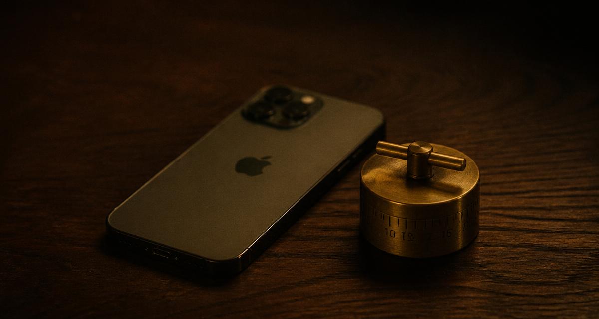 A phone face-down beside a small brass timer on a dark wooden table