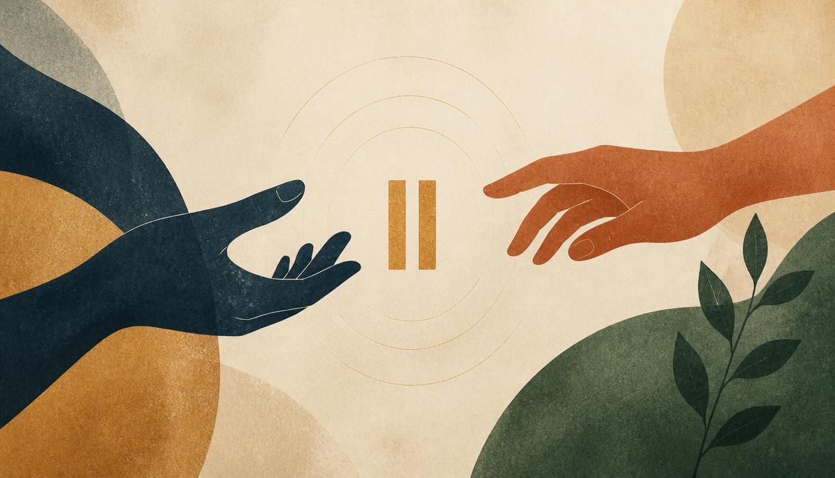 Two hands reaching toward each other with a pause symbol between them