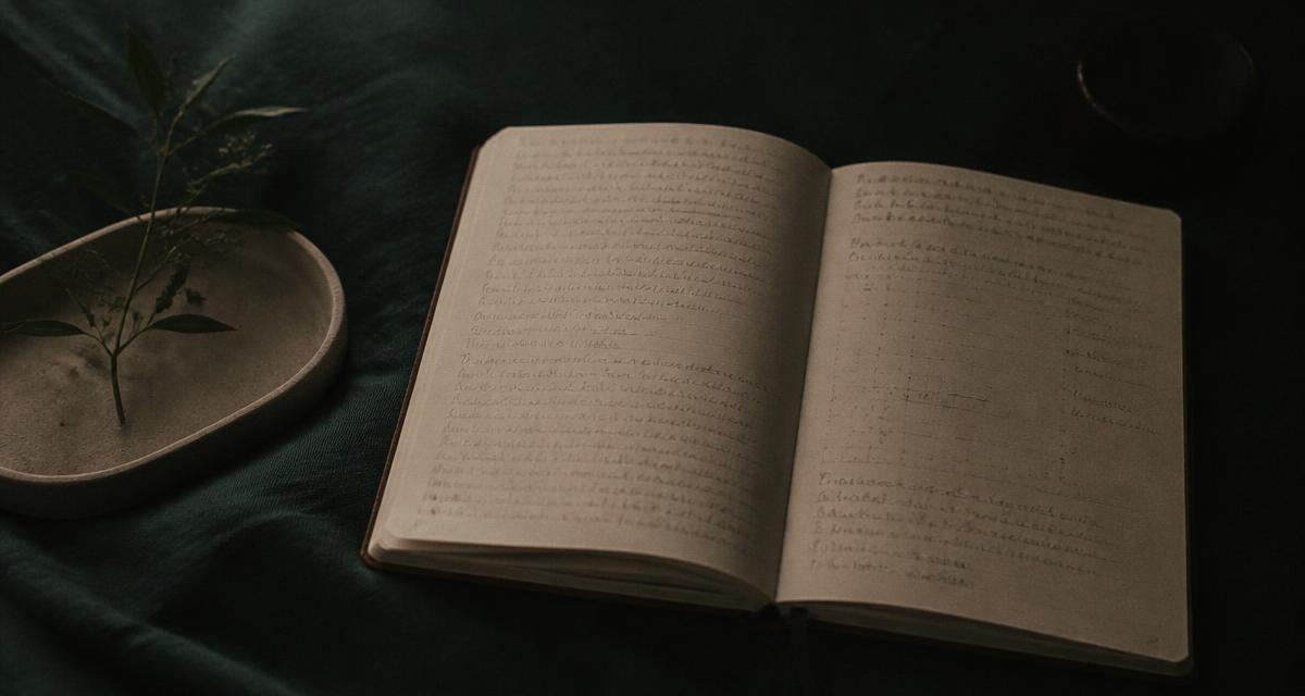 An open handwritten journal with faint pencil charts on dark linen