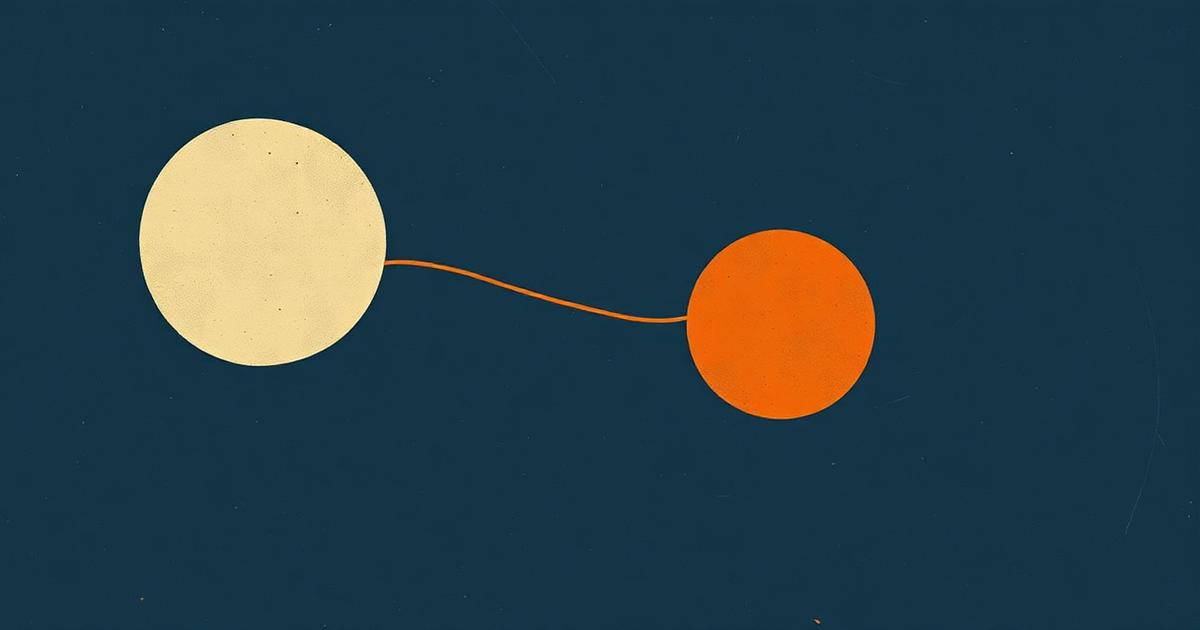 Two circles connected by a thin thread, one moving closer and one pulling away