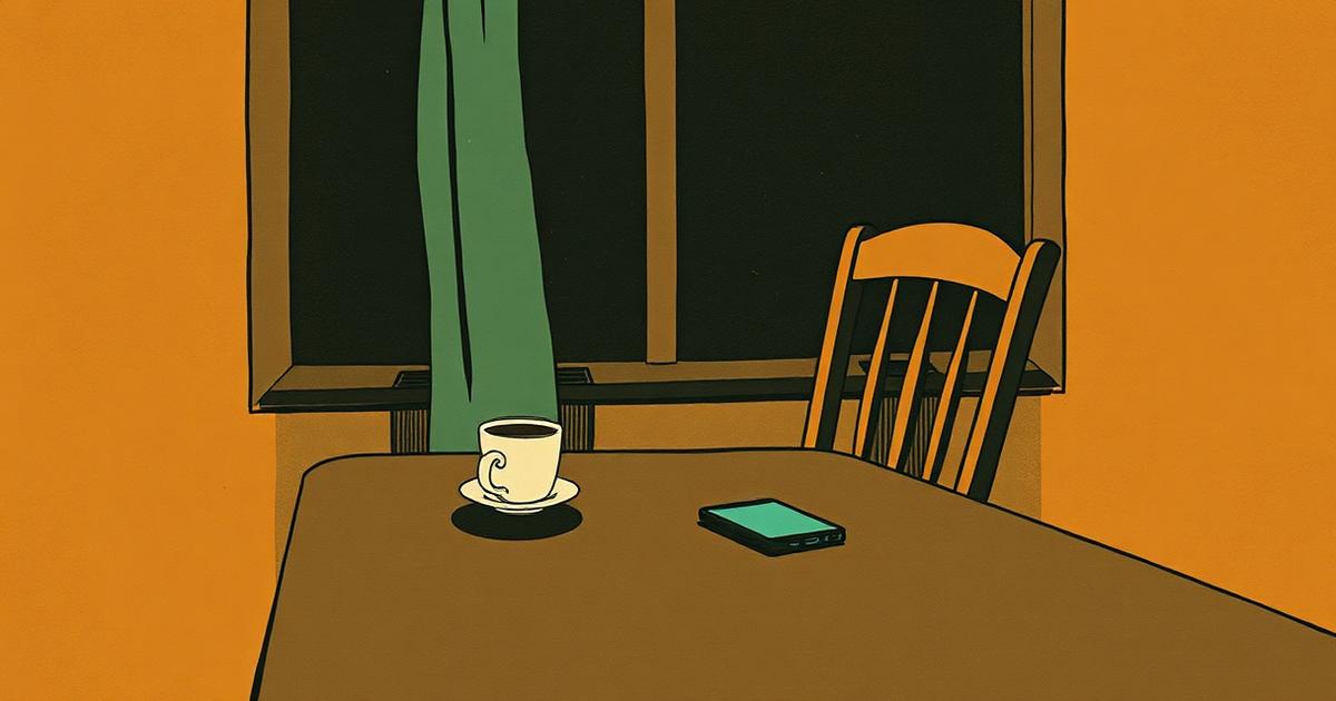 A late-night kitchen table with a cold cup of tea, a phone face down and an empty chair