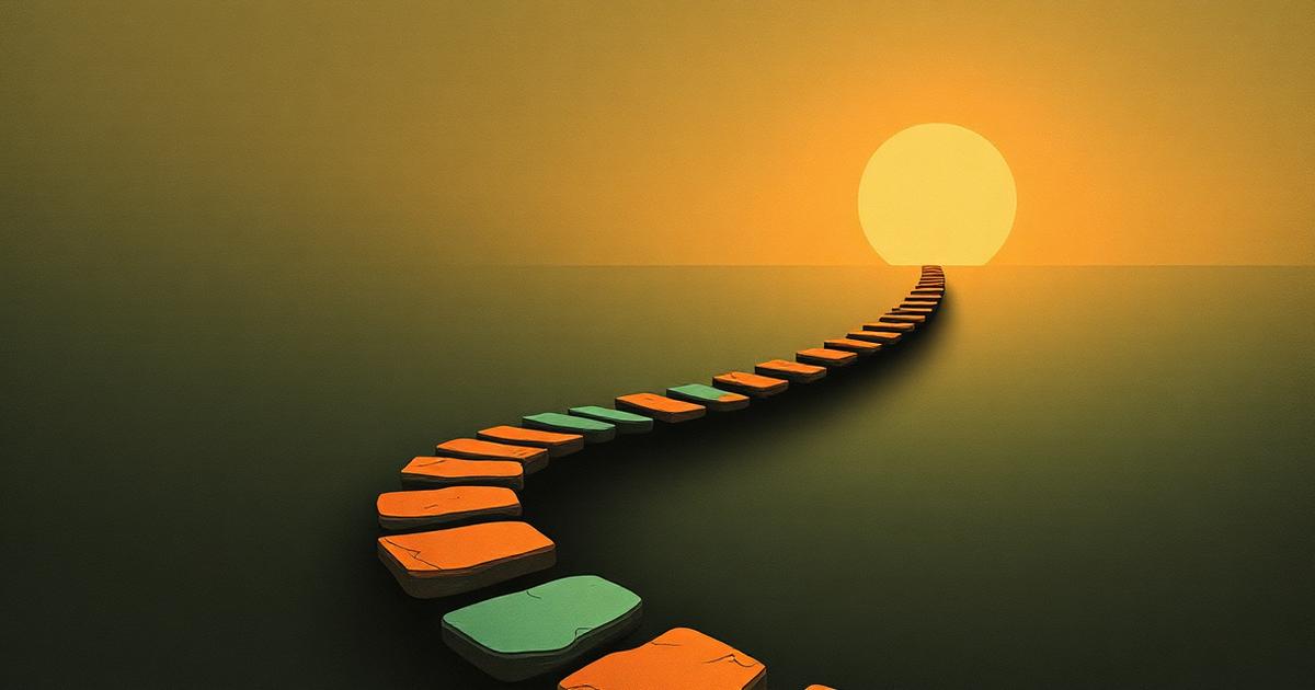 Stepping stones rising gently toward a calm horizon, one stone glowing