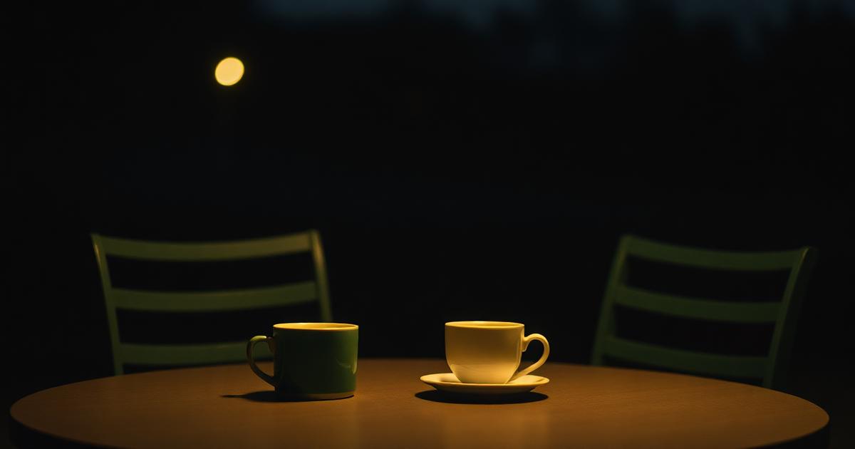 Two cups on a table at dusk with two chairs turned toward each other