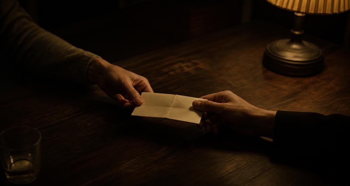 Two hands passing a folded paper note across a dark table under lamplight