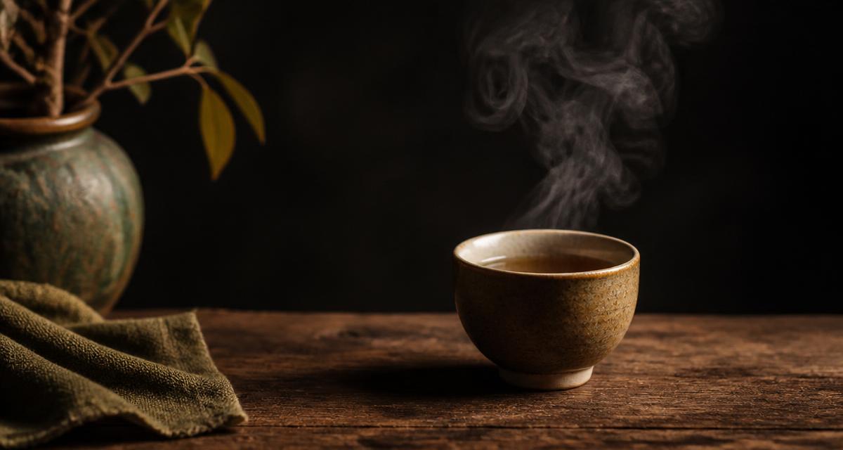 A steaming ceramic cup of tea on a dark wooden table in low light