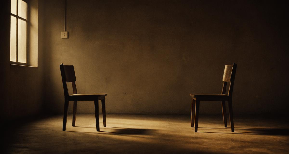 Two wooden chairs facing each other in a dim, quiet room